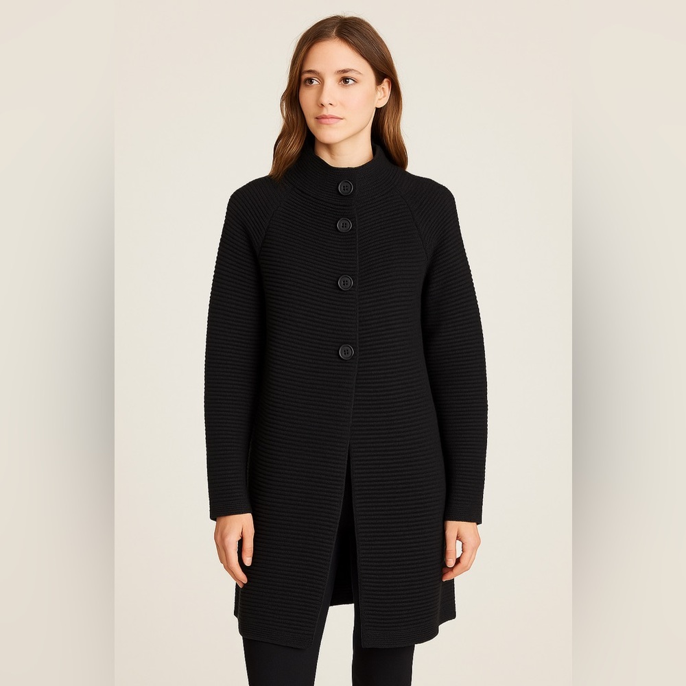 Liz Claiborne Black Chunky Knit High Neck Sweater Duster Cardigan Dress Cover